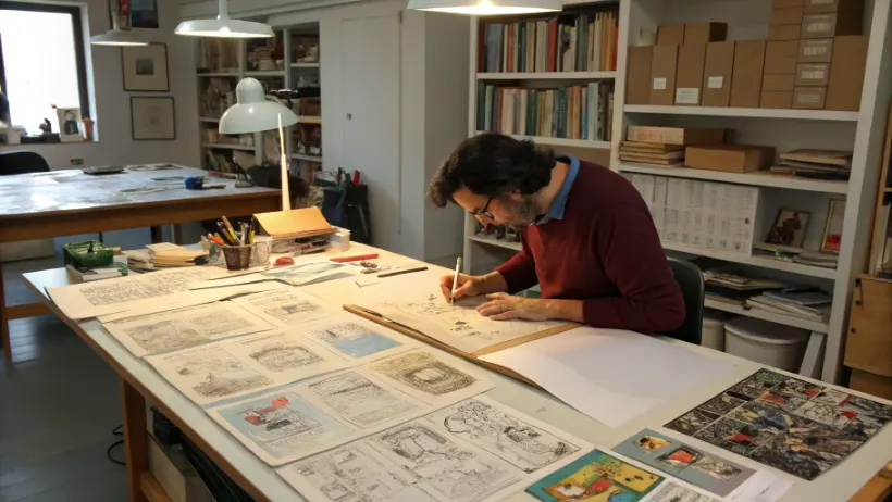 Ilustrador trabajando en una mesa de dibujo con c&oacute;mics y bocetos de narrativa gr&aacute;fica latinoamericana